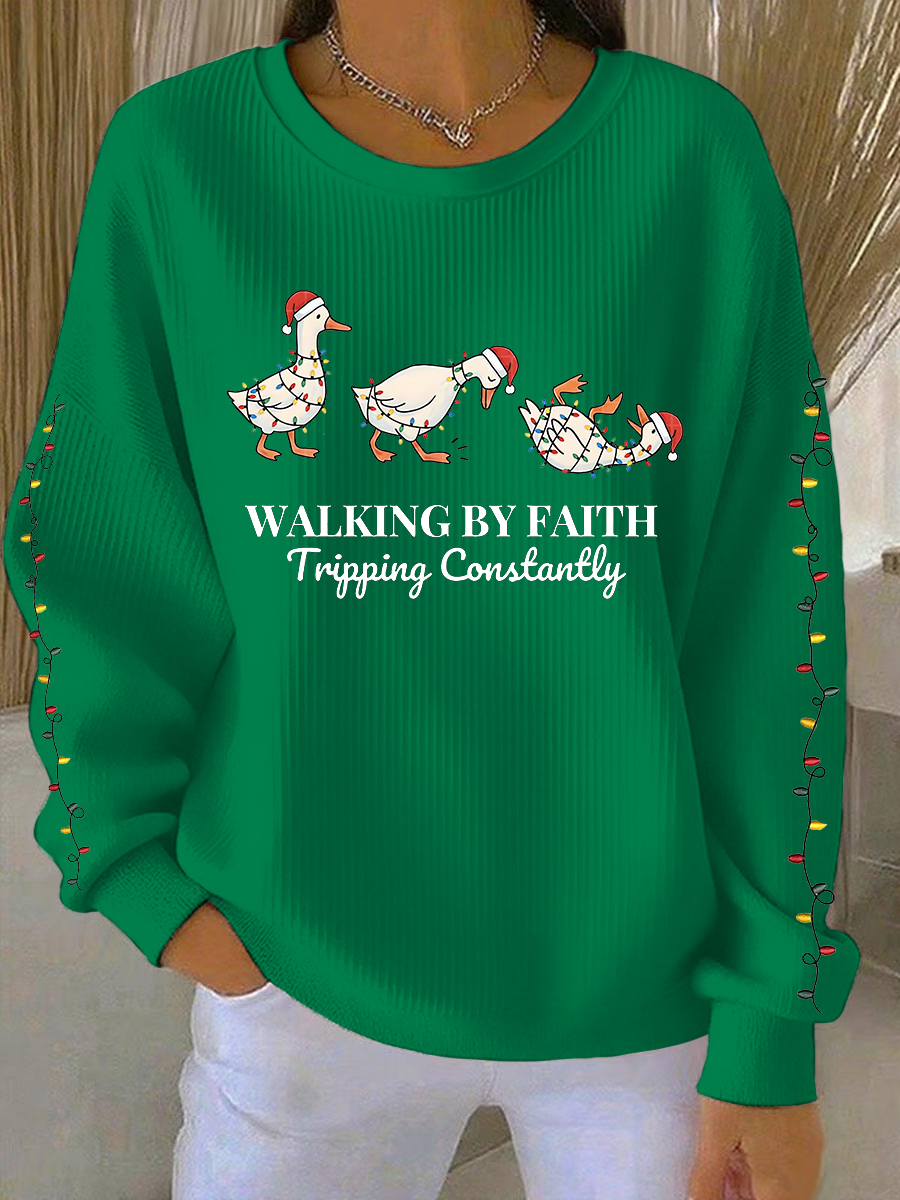 Women's  Funny Christmas Goose Walking By Faith Tripping Constantly Ribbed Round-Neck Sweatshirt