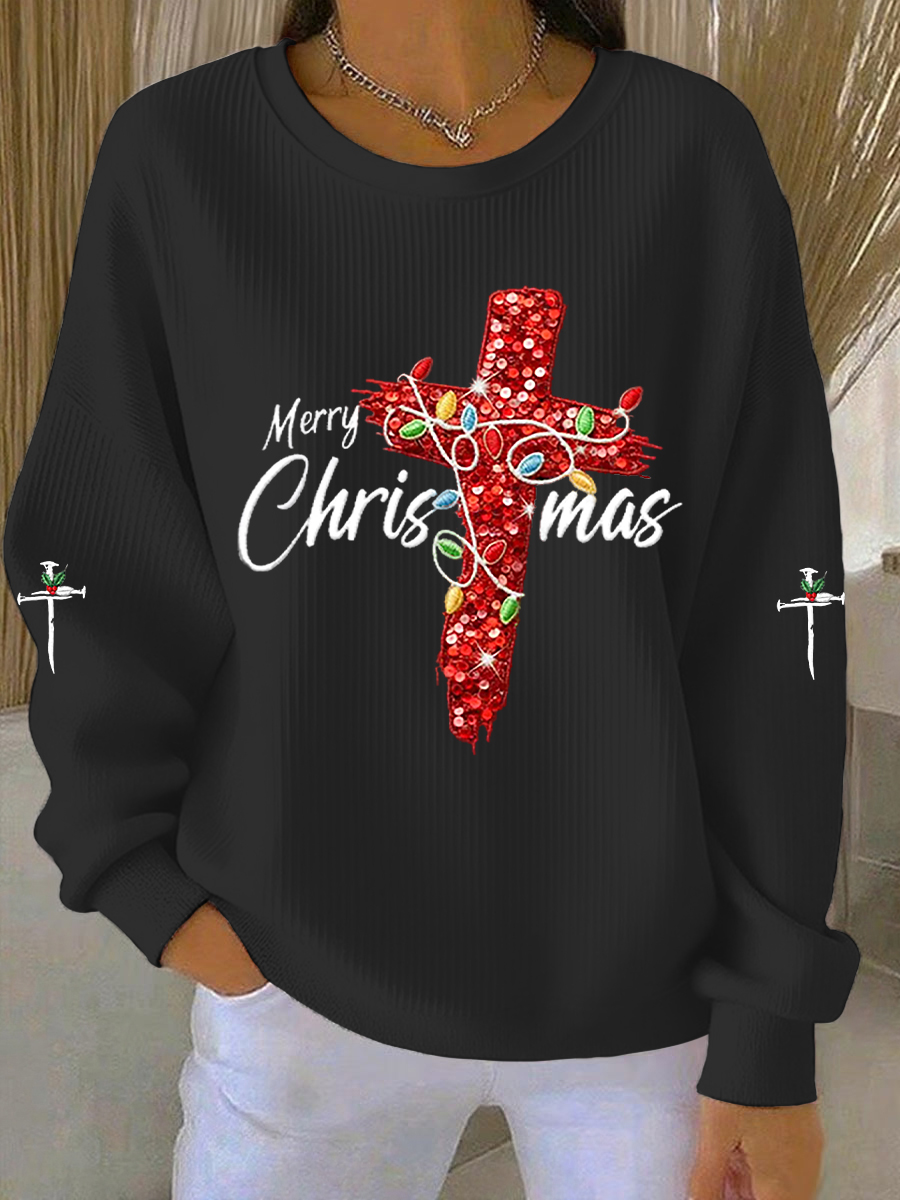 Women's Merry Christmas Cross Ribbed Round-Neck Sweatshirt