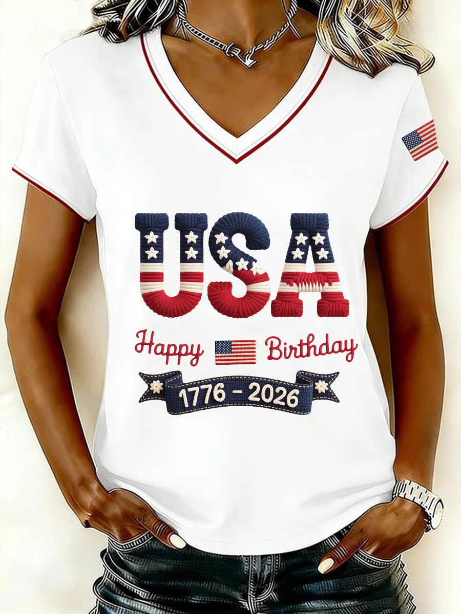 Women's USA Happy Birthday V-Neck T-Shirts