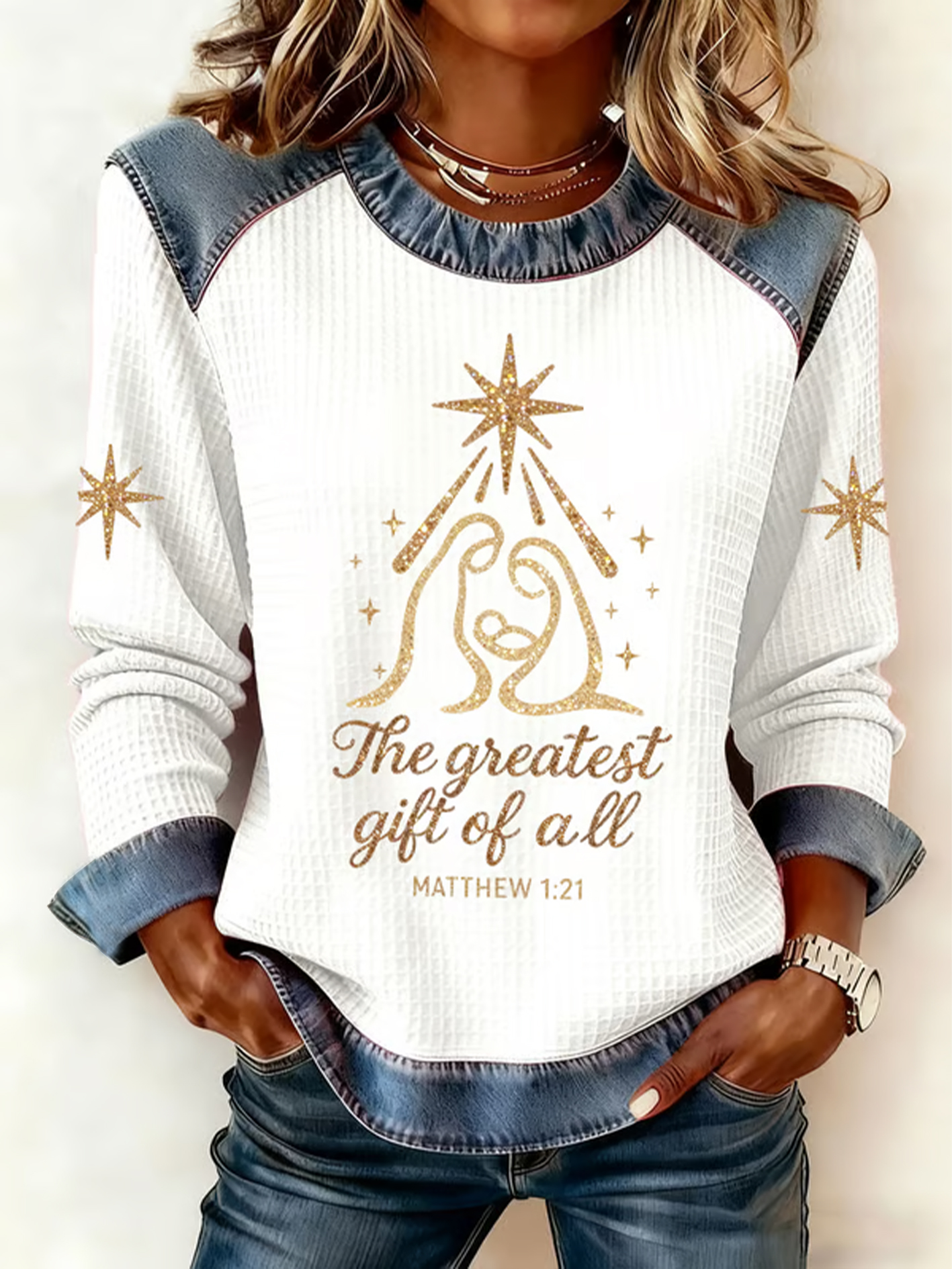 Women's Christmas Belief Print Waffle Sweatshirt