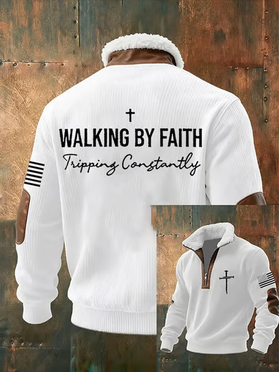Men's Faith Cross Walking by Faith Tripping Constantly Print Zipper Fur Collar  Sweatshirt
