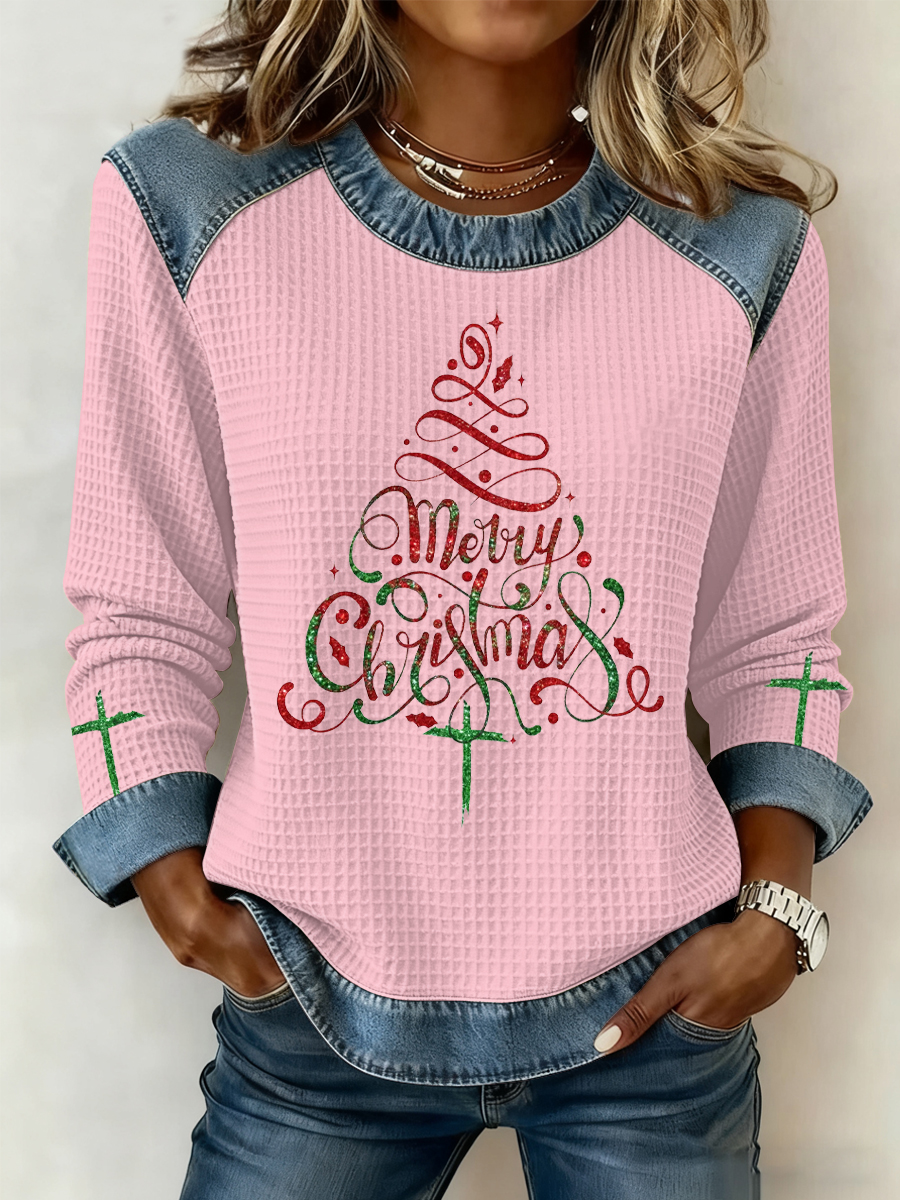 Women's Christmas Belief Print Waffle Sweatshirt