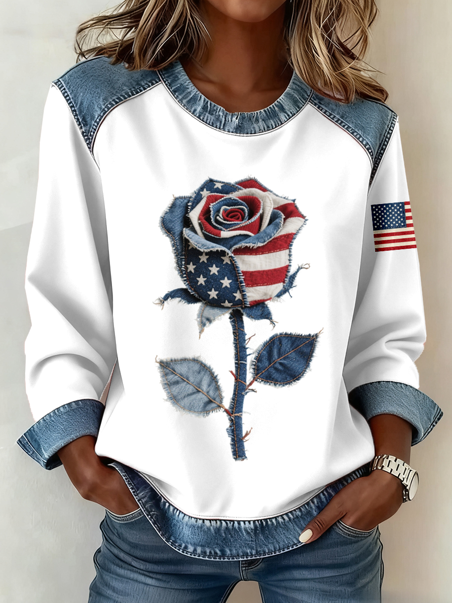 Women's American Flag Inspired Rose Pattern Denim Patchwork Sweatshirt