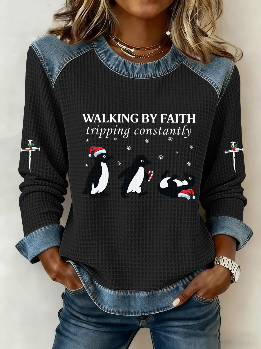 Women's Funny Christmas Walking By Faith Tripping Constantly Print Casual Waffle Hoodie