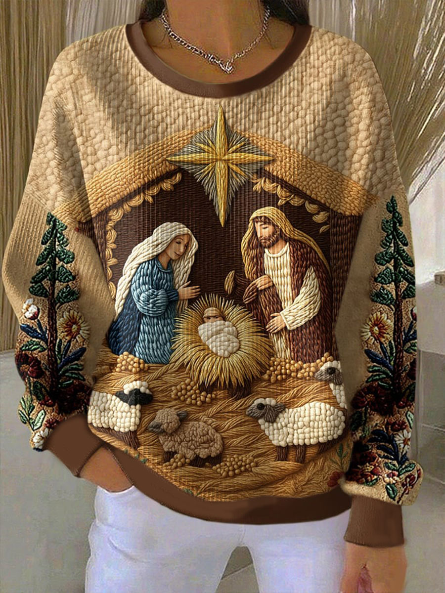 Women's The Birth Of Jesus Ribbed Round-Neck Sweatshirt