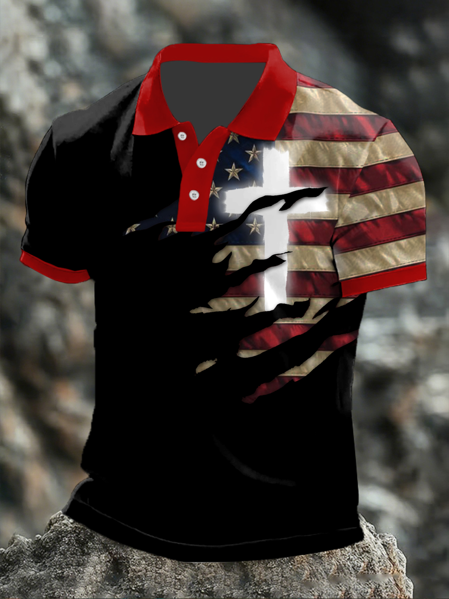 Men's Faith Cross American Flag Print Polo T-shirt