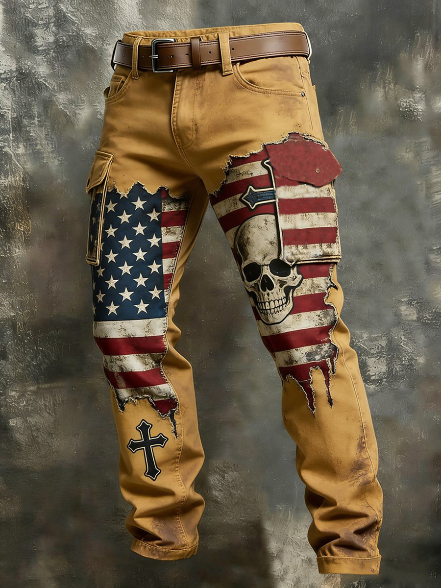 Men's Retro Faith American Flag Skull Art Pocket Cargo Pants