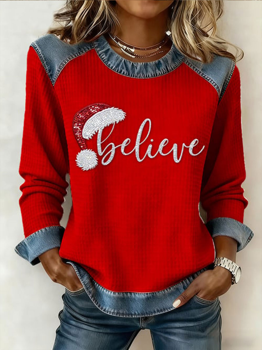 Women's Believe Denim Patchwork Top