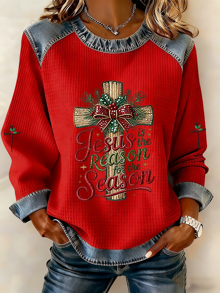 Women's Jesus Is The Reason For The Season Cross Denim Patchwork Top