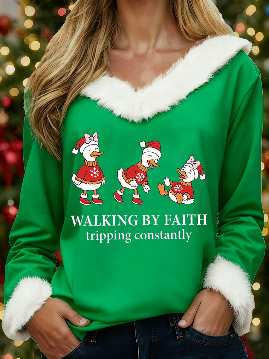 Women's Funny Christmas Goose Walking By Faith Tripping Constantly Print Casual Fur-Collar Top