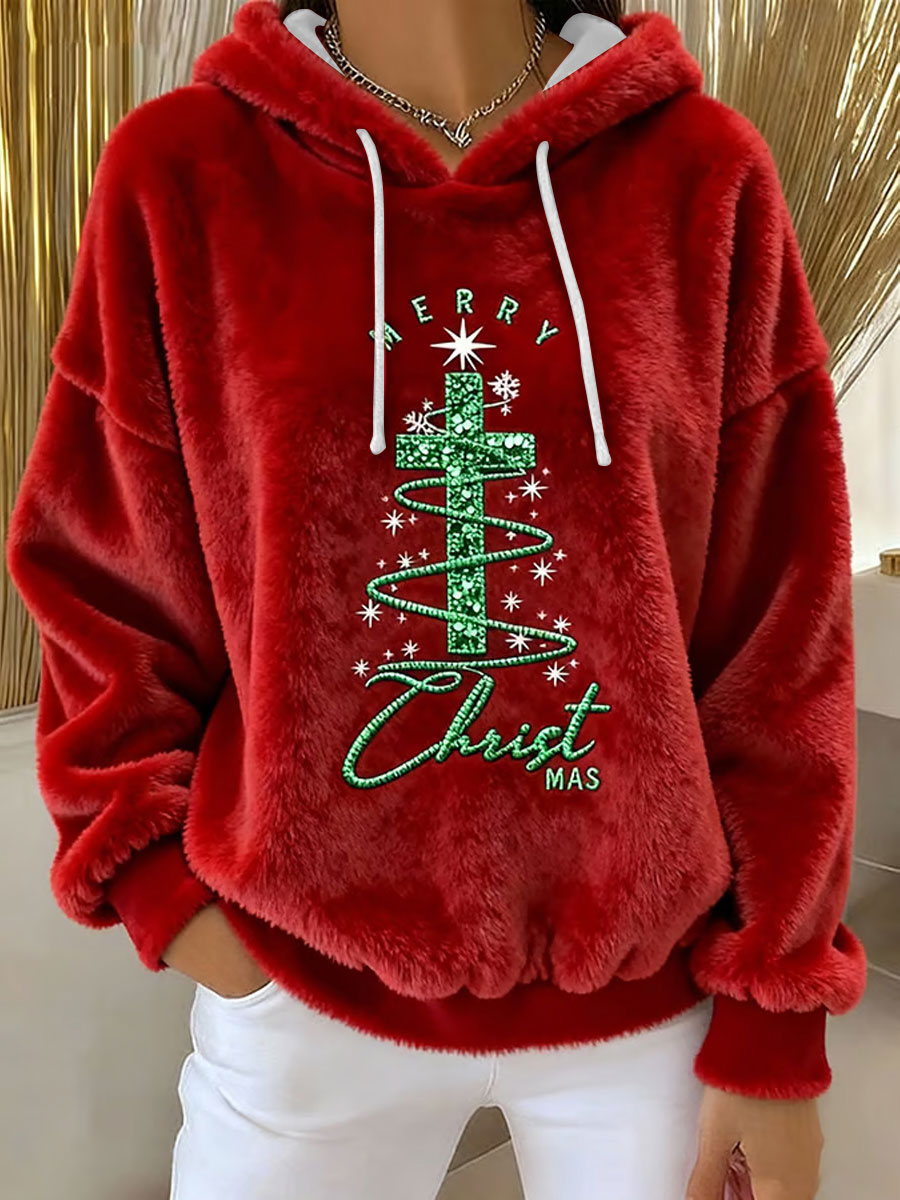 Women's Merry Christmas Cross Flannel Hoodie