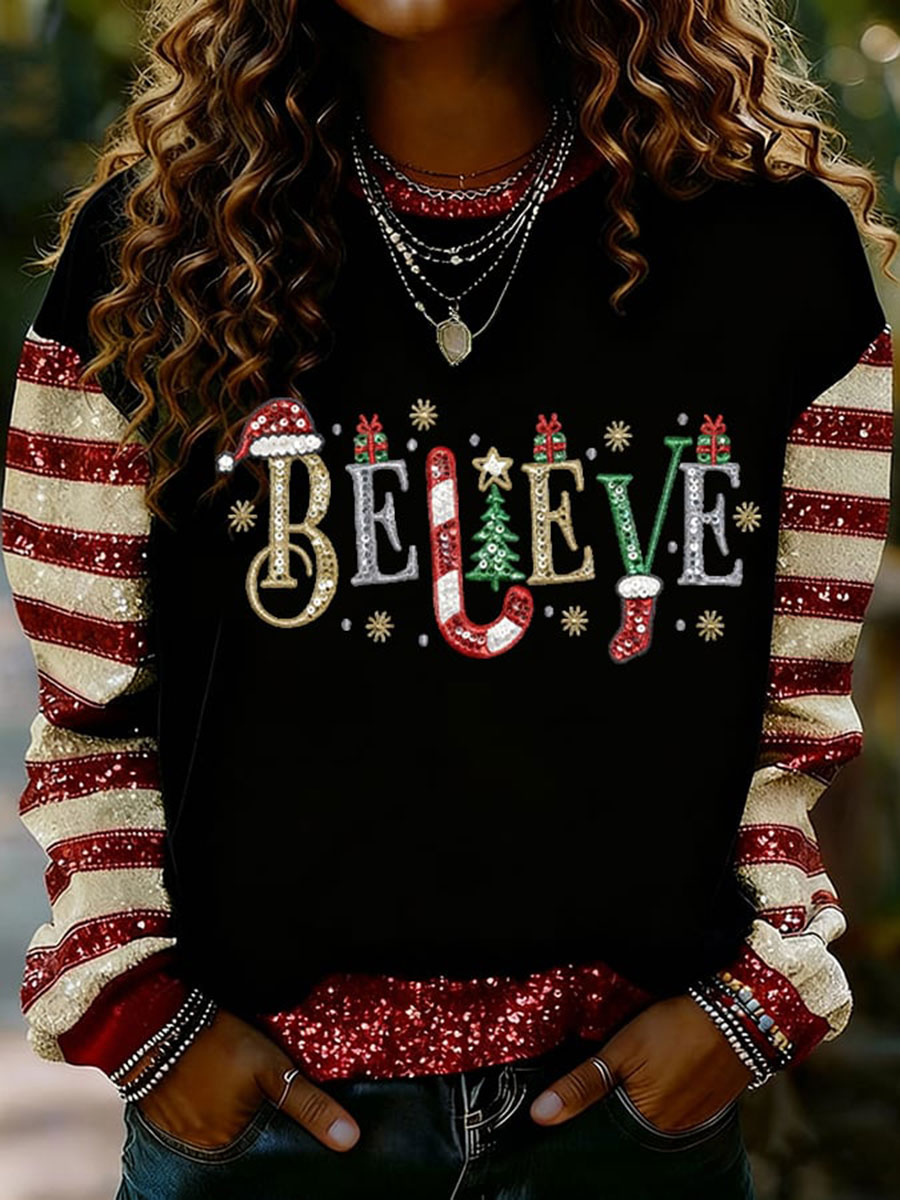 Women's Christmas Believe Print Casual Top