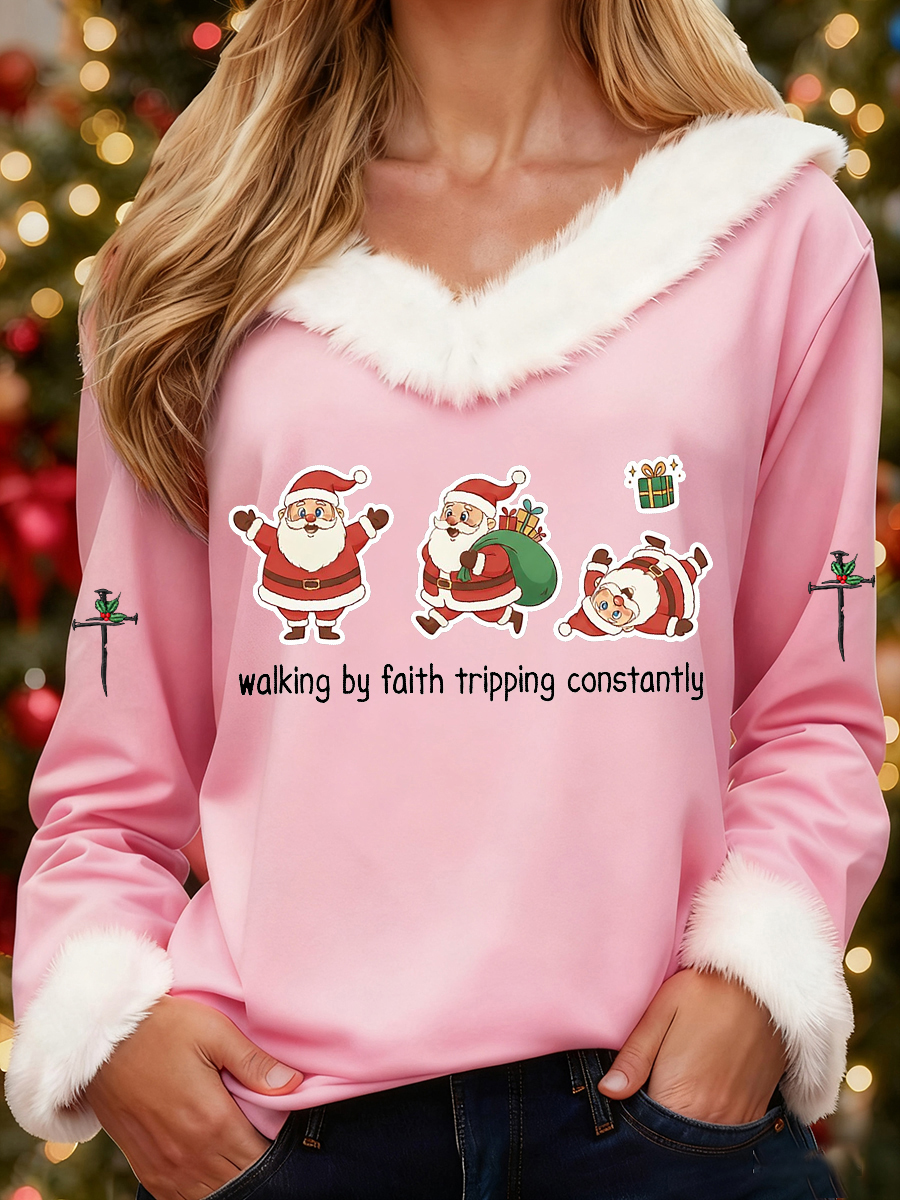 Women's Funny Christmas Santa Claus Walking By Faith Tripping Constantly Print Casual Fur-Collar Top
