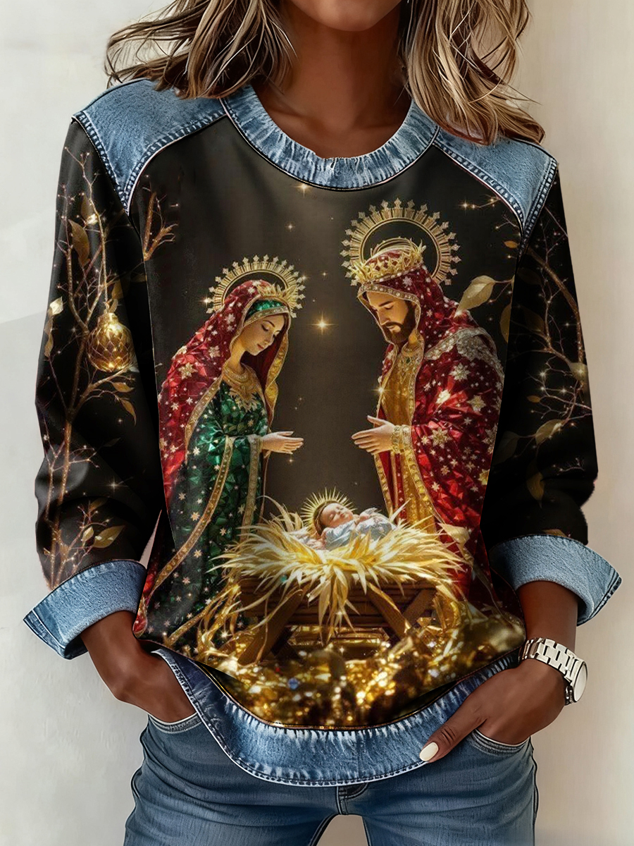 Women's Nativity Of Jesus Christmas Denim Patchwork Top