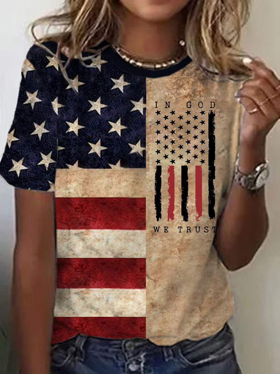 Women's In God We Trust Flag Printed Short Sleeve O-neck T-shirt