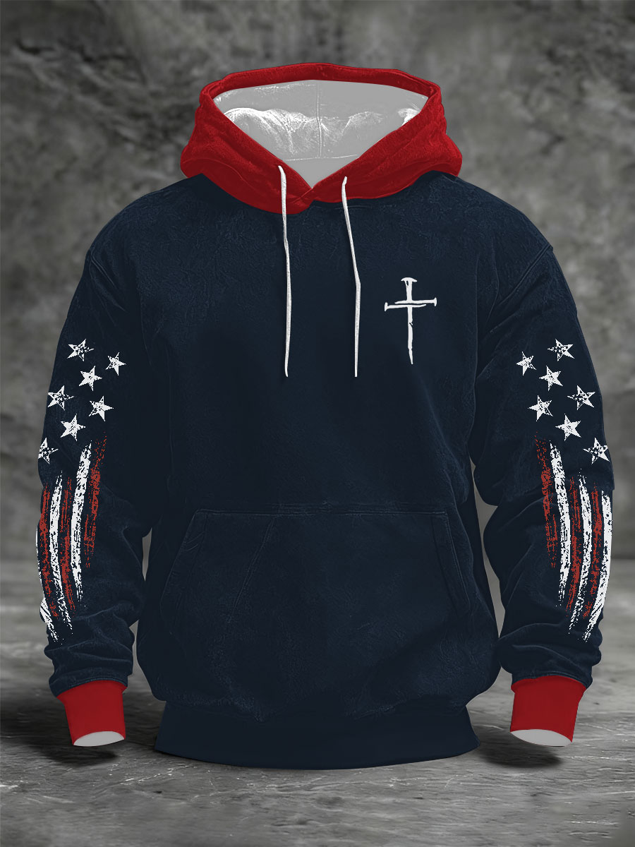 Men's Faith Cross Print Oversized Drop-Shoulder Hoodie with Pockets