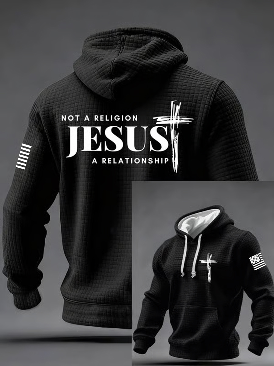 Men's  It’s Not Religion It’s A Relationship Jesus Cross Checkered Cotton Hoodie