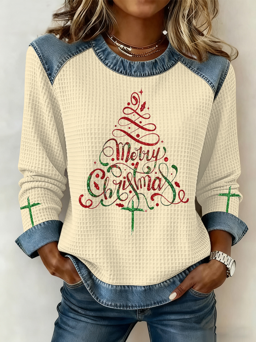Women's Christmas Belief Print Waffle Sweatshirt