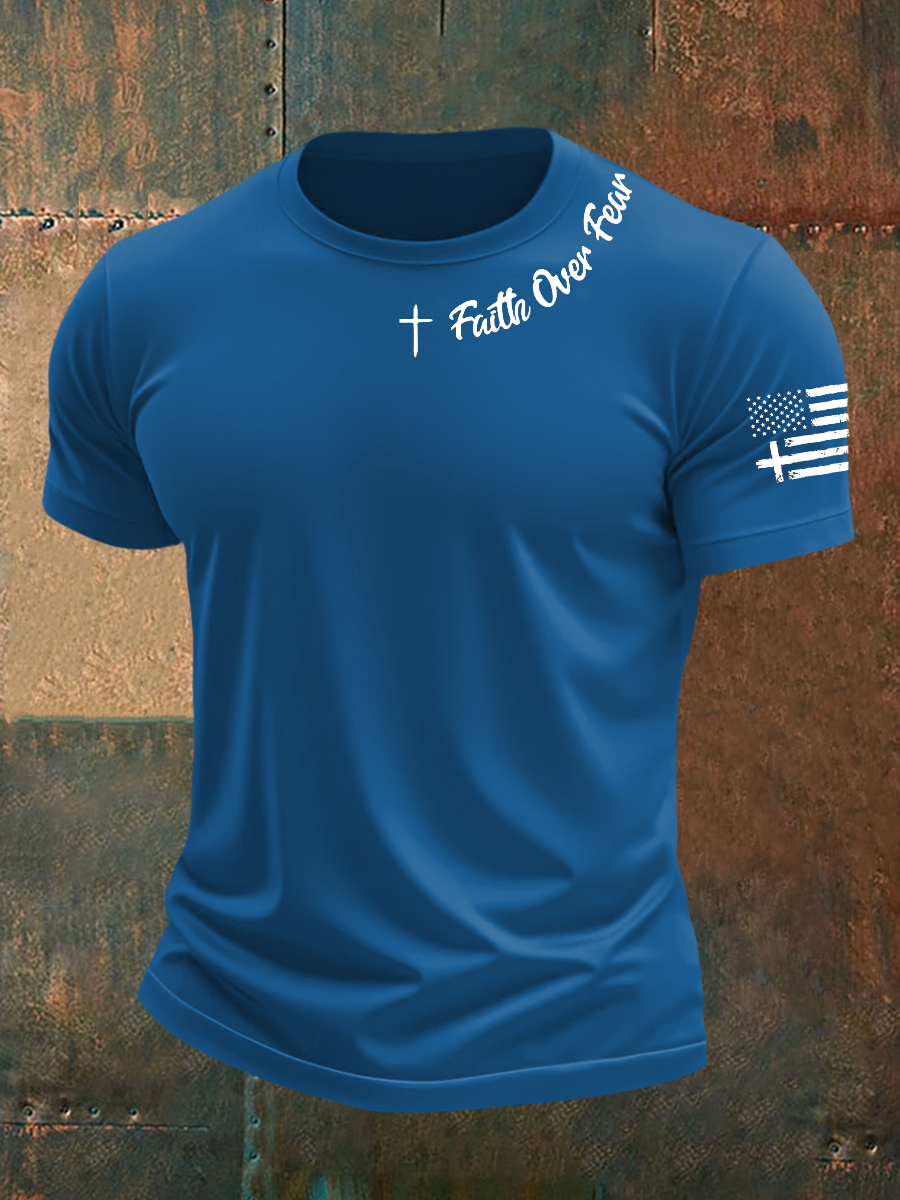 Men's  Faih Over Fear Flag Cross Print Short Sleeve T-Shirt