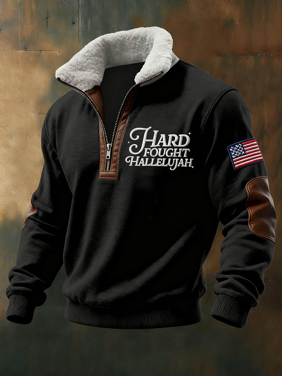 Men's Retro Christian Hard Fought Hallelujah  Print Zipper Fur Collar Sweatshirt