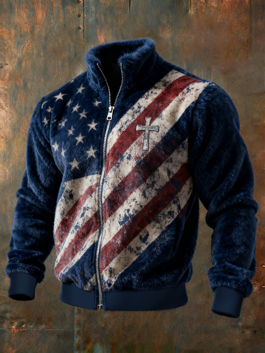 Men's Flag Cross Camouflage Flannel Zip Jacket