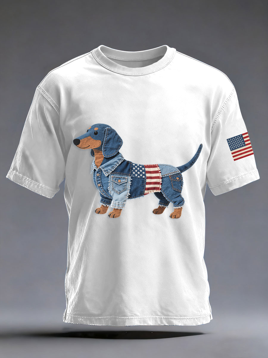 Men's Denim Patchwork Art Dachshund Dog Pattern Washed T-Shirt