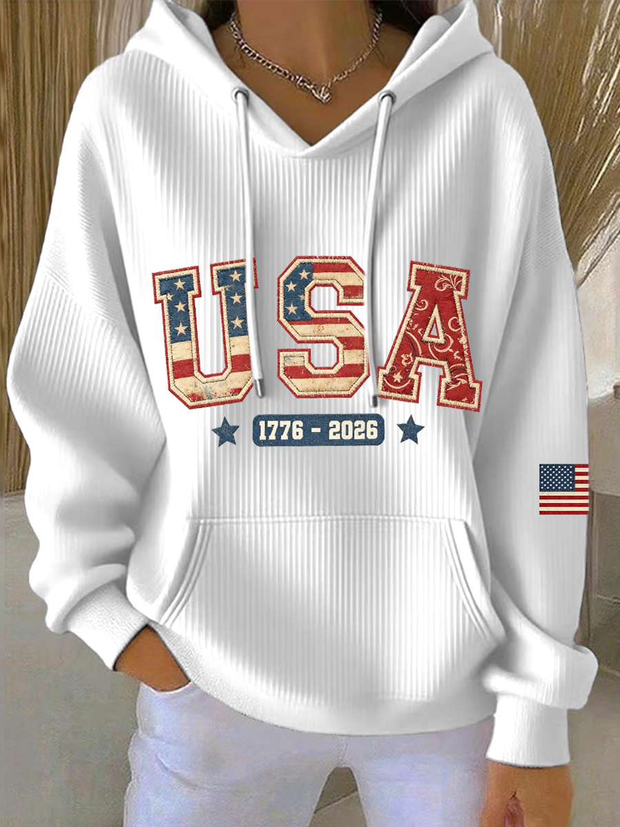 Women's USA 1776-2026 Patchwork Pattern Hoodie