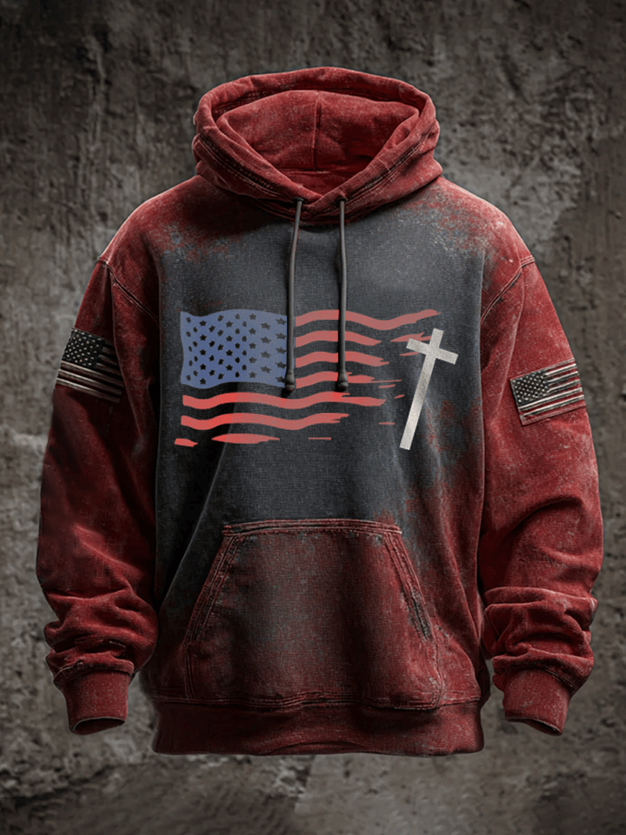 Men's Vintage Faith Flag Cross Oversized Drop-Shoulder Hoodie with Pockets