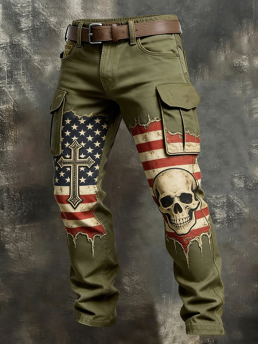 Men's Retro Faith American Flag Skull Art Pocket Cargo Pants