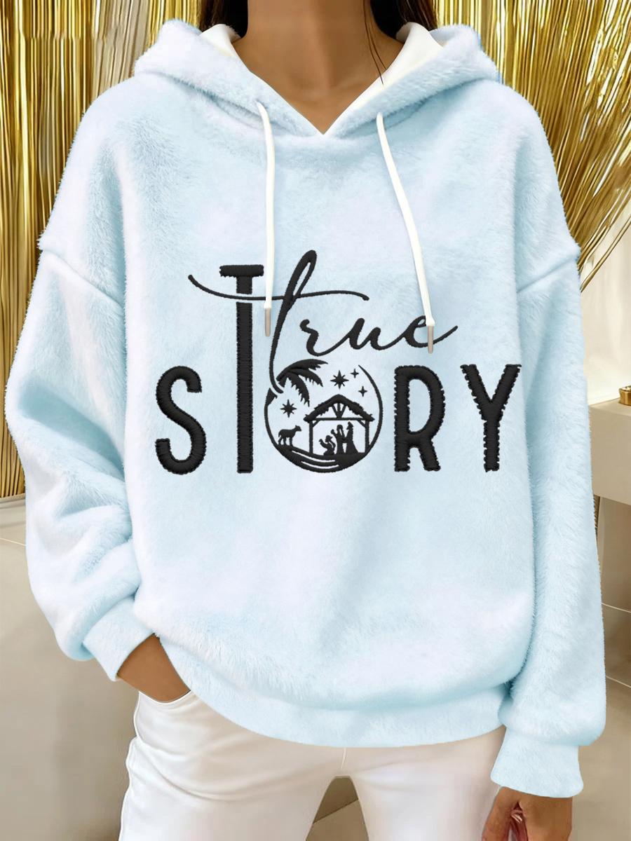 Women's True Story The Greatest Gift Of All Jesus Nativity Christian Christmas Casual Flannel Hoodie