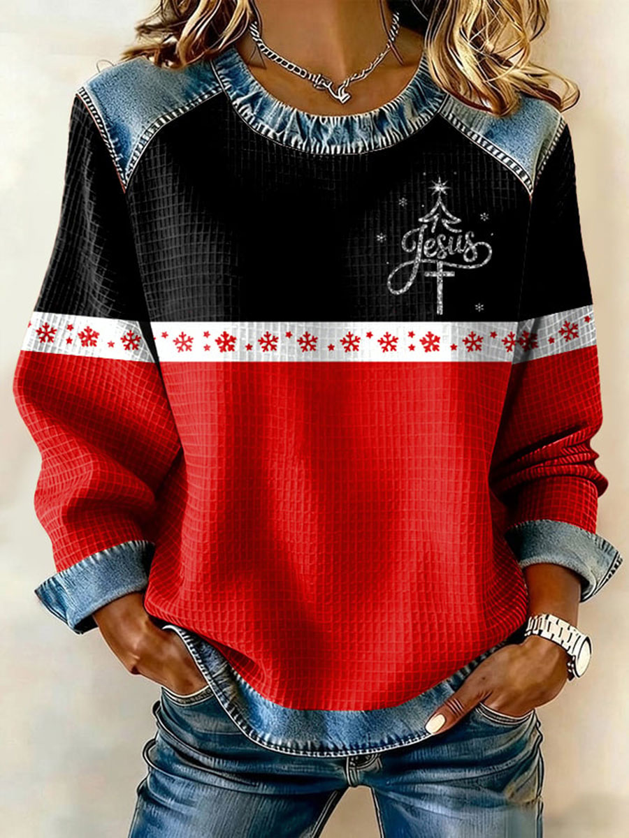 Women's Jesus Christmas Tree Denim Patchwork Top