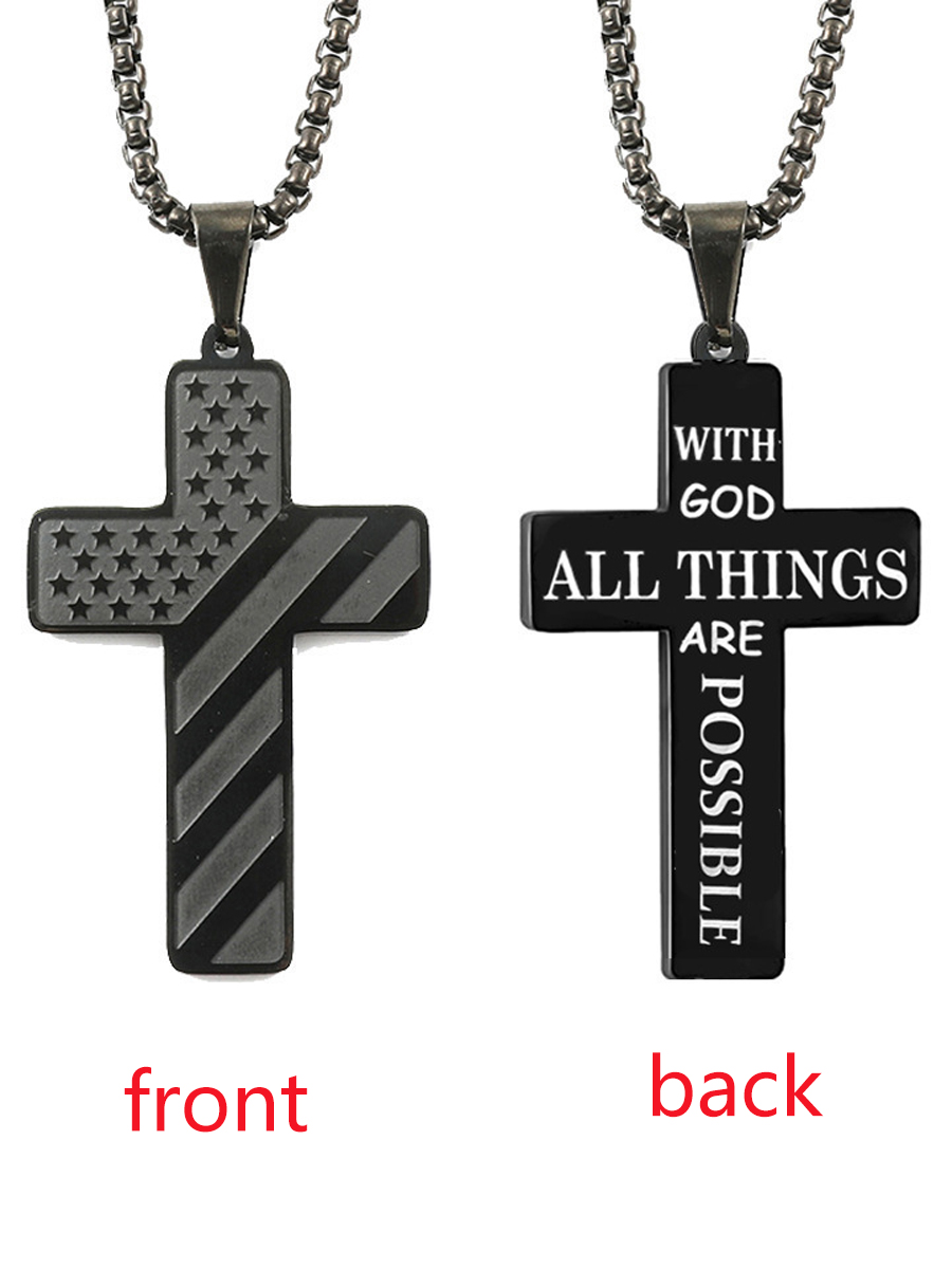 Unisex American Flag Cross WIth God All Things Are Possible Stainless Steel Necklace
