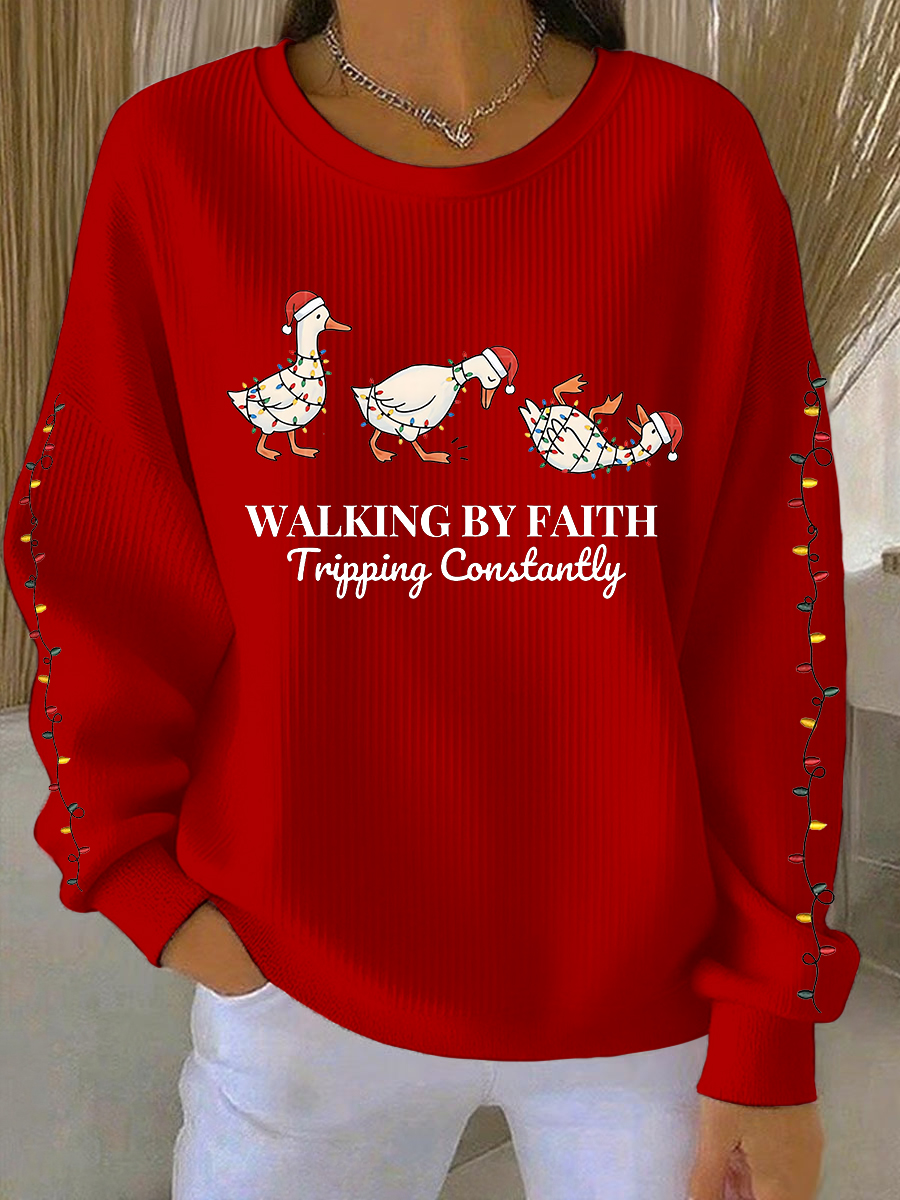 Women's  Funny Christmas Goose Walking By Faith Tripping Constantly Ribbed Round-Neck Sweatshirt