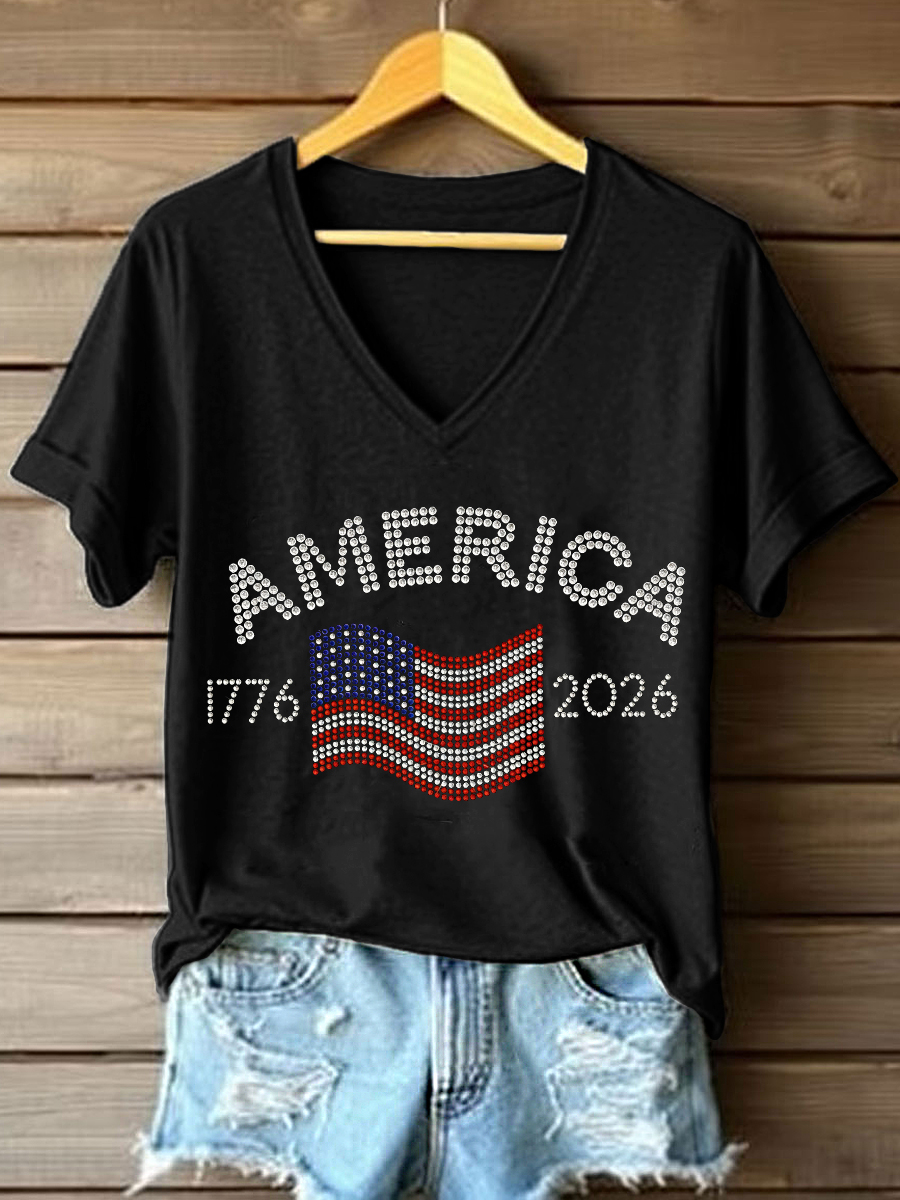 Women's American 1776-2026 Rhinestone Pattern V-Neck T-Shirt