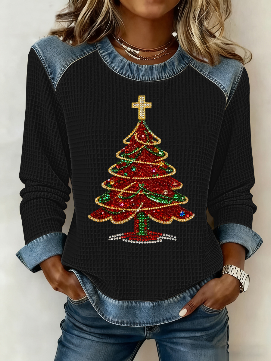 Women's Christmas Print Waffle Sweatshirt