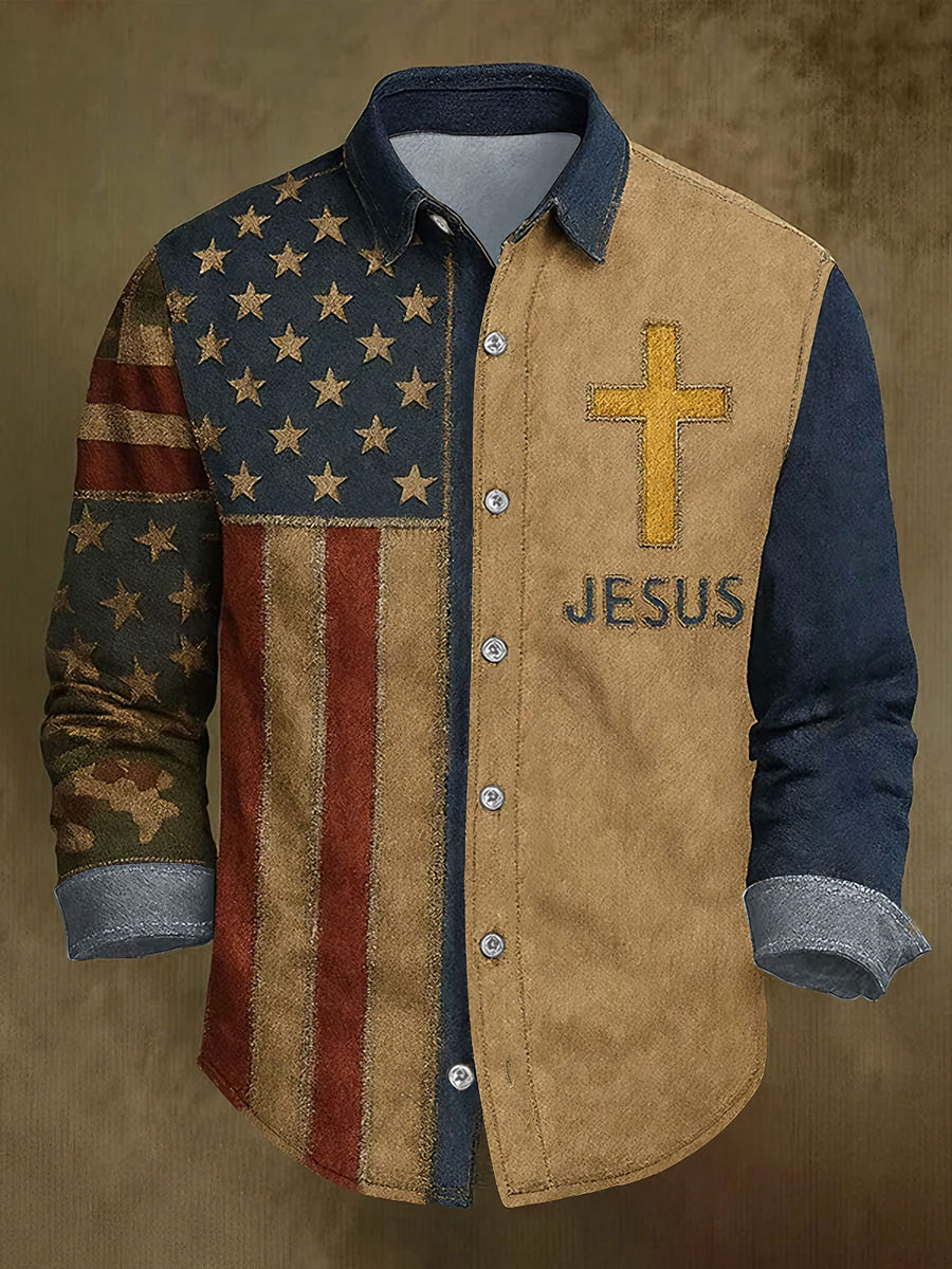 Men's JESUS Cross America Flag Printed Shirt