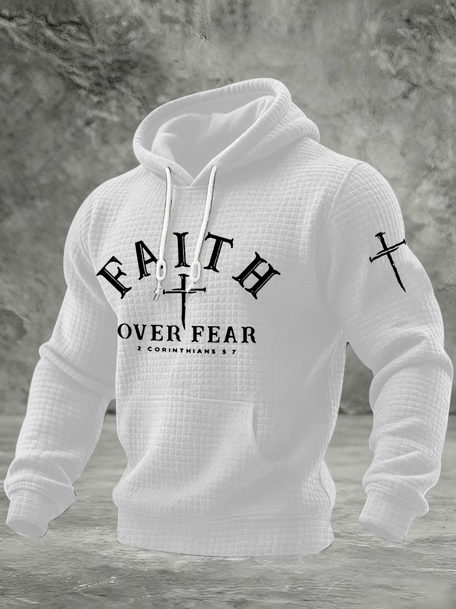 Men's Faith Over Fear Cross Checkered Cotton Hoodie