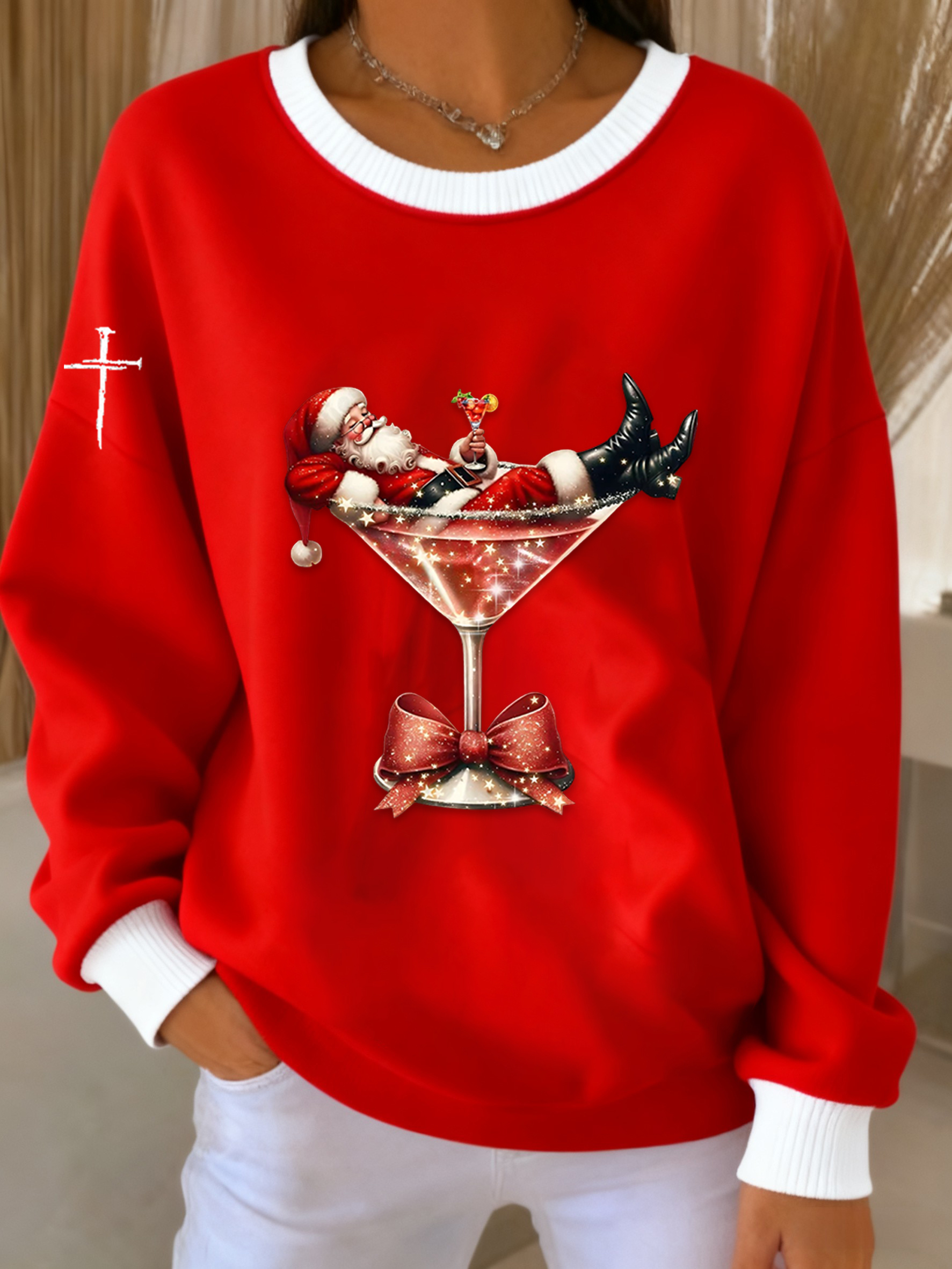 Vintage Christmas Faith Cocktail Santa Claus Sleeve Sweatshirt