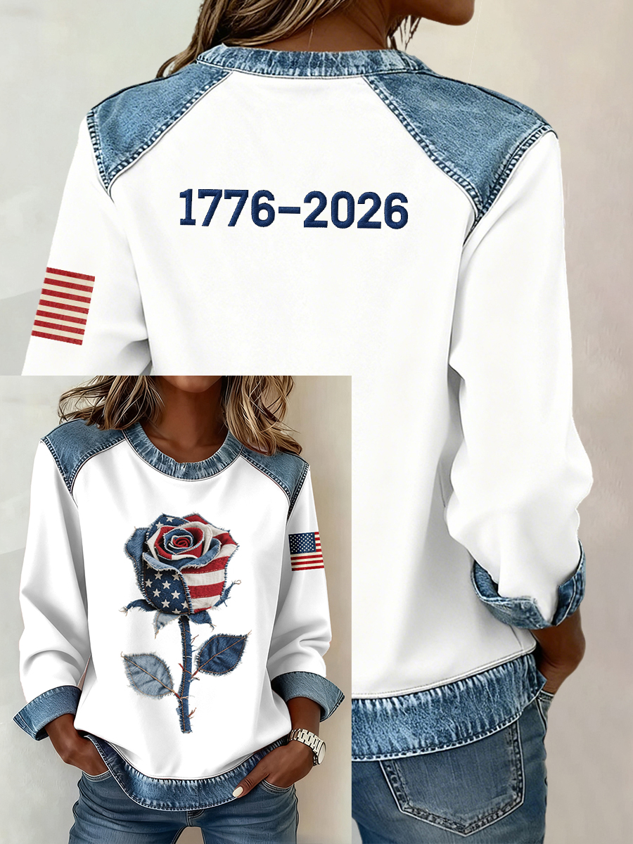 Women's American Flag Inspired Rose Pattern Denim Patchwork Sweatshirt
