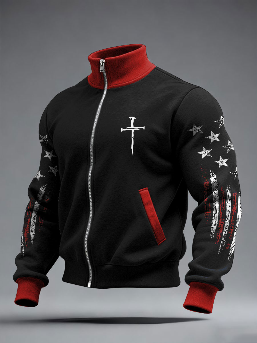 Men's Faith Cross Print Zipper Stand Collar Sweater
