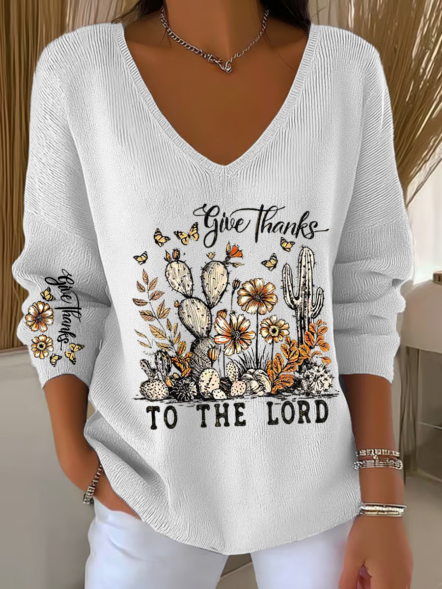 Women's Give Thanks To The Lord For He Is Good Psalm 136:1 Cross Printed V-Neck Top