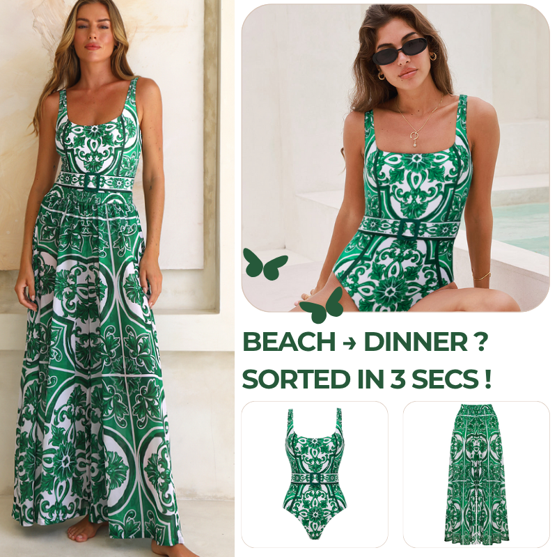 Classic Majolica Series Pattern Print One Piece Swimsuit and Pants or Skirt