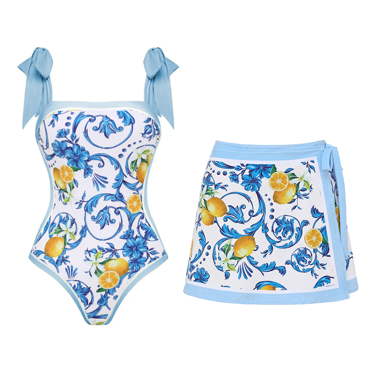 Lemon Print Tie-shoulder One Piece Swimsuit and Sarong or Skirt Flaxmaker