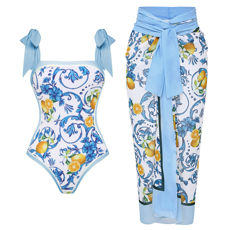 Lemon Print Tie-shoulder One Piece Swimsuit and Sarong or Skirt Flaxmaker
