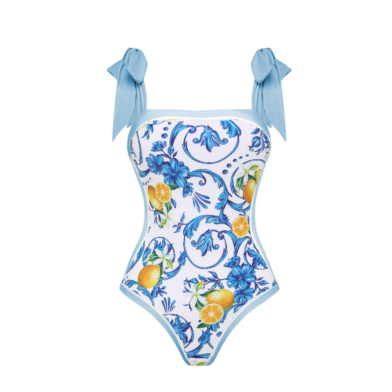 Lemon Print Tie-shoulder One Piece Swimsuit and Sarong or Skirt Flaxmaker