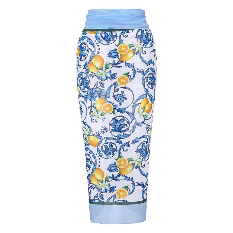 Lemon Print Tie-shoulder One Piece Swimsuit and Sarong or Skirt Flaxmaker