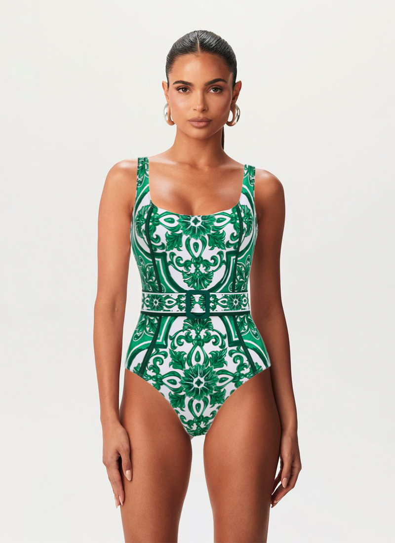 Classic Majolica Series Pattern Print One Piece Swimsuit and Pants or Skirt