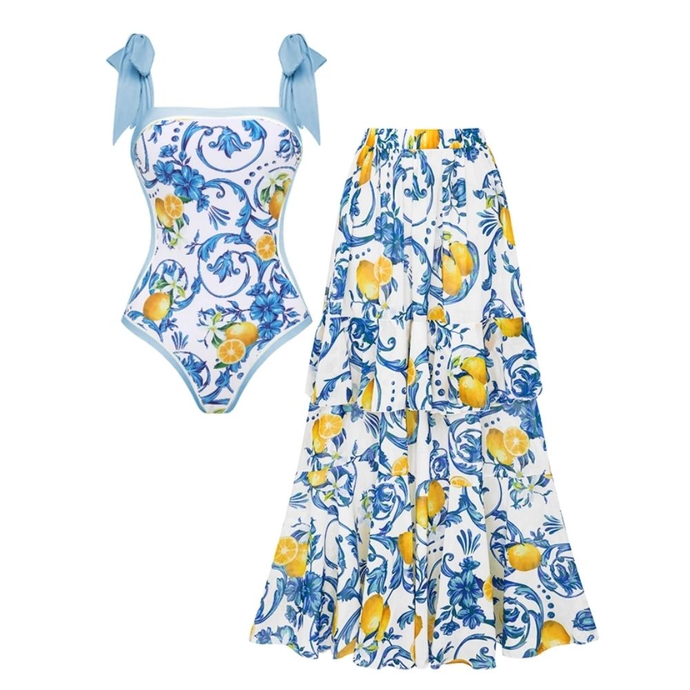Lemon Print Tie-shoulder One Piece Swimsuit and Sarong or Skirt Flaxmaker