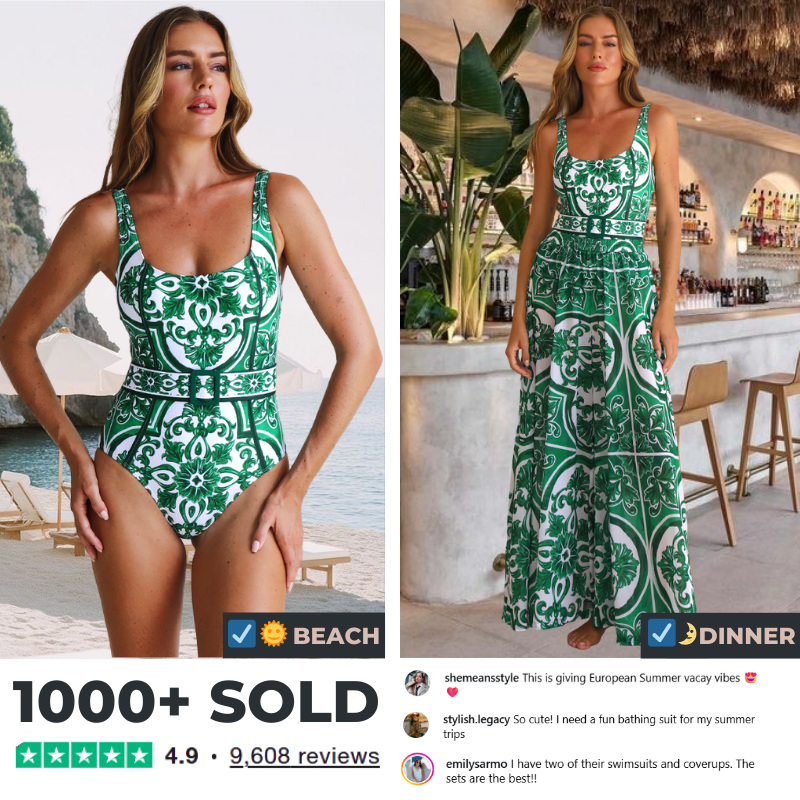 Classic Majolica Series Pattern Print One Piece Swimsuit and Pants or Skirt