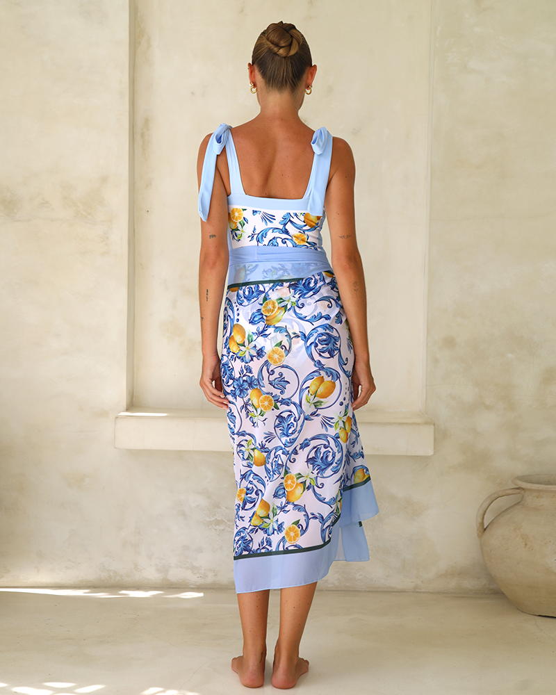 Lemon Print Tie-shoulder One Piece Swimsuit and Sarong or Skirt Flaxmaker